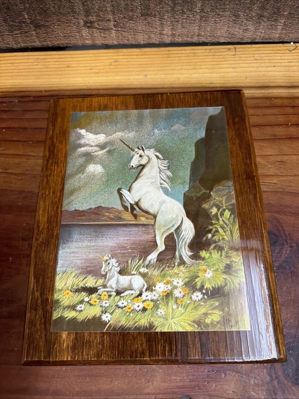 Vintage 70s Unicorn With Foal by Hyat Lacquered Print On Wood 10x8
